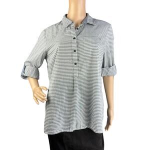Tommy Hilfiger Women Blue White Stripes Rolled Tab Sleeve Popover Shirt L